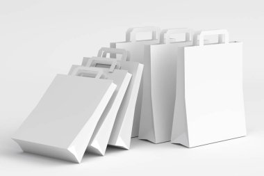 Tek renkli arkaplanda kese kağıdı olan poşetler için plastik sepet almak. 3D satış, indirim, alışveriş ve teslimat konsepti