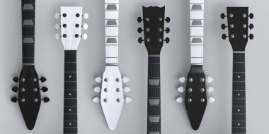 Beyaz arka planda izole edilmiş elektrikli akustik gitar seti. Müzik dükkanı için heavy metal gitarlı 3D rock festivali posteri.