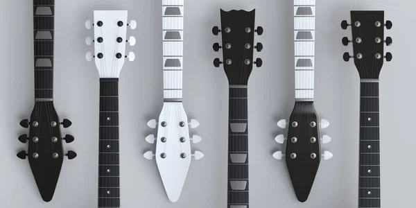 ホワイトを基調としたエレキアコースティックギターのフィンガーボードセット 音楽ショップのための重い金属ギターとロックフェスティバルポスターのための概念の3Dレンダリング — ストック写真