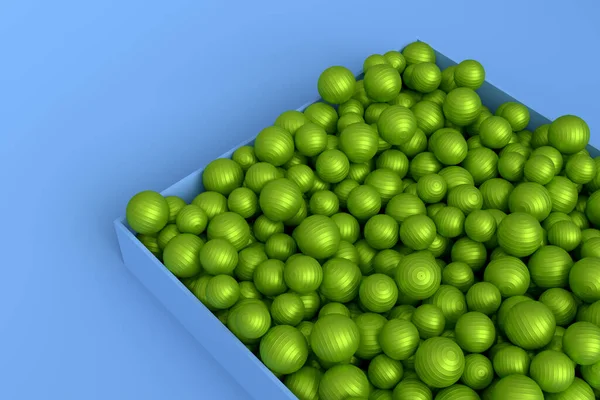 Pile of green fitness ball or fitball falling on blue background. 3d render of sport accessories for practicing Pilates and yoga or exercise to relax and relieve fatigue