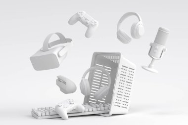Fare, klavye, joystick, kulaklık gibi oyun çarkları, tek renkli arka planda plastik tel sepetli VR kulaklıklar. 3D satış, indirim, alışveriş ve aksesuar dağıtımı kavramı