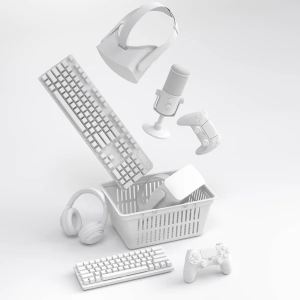 Gamer gears like mouse, keyboard, joystick, headset, VR Headset in plastic wire basket on monochrome background. 3d render concept of sale, discount, shopping and delivery of accessories for streaming