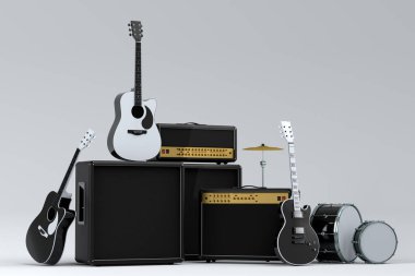Elektrikli akustik gitarlar, amplifikatörler ve beyaz arka planda metal zilleri olan davullar. 3D müzik perküsyon enstrümanı, bateri makinesi ve heavy metal gitarlı bateri seti