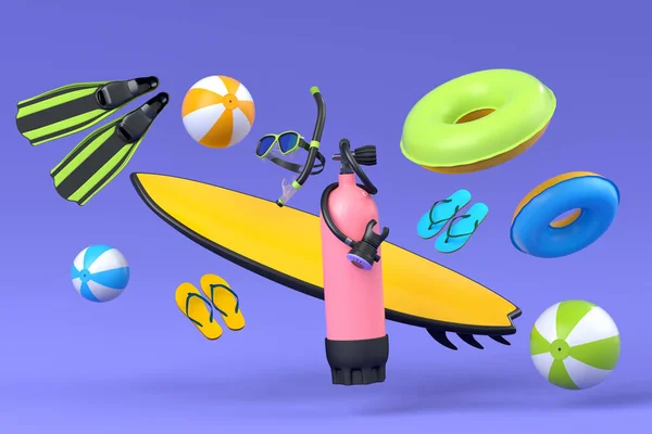 Барвистий Серфінг Пляжне Кільце Парасольки Маска Підводного Плавання Фіолетовому Тлі — стокове фото