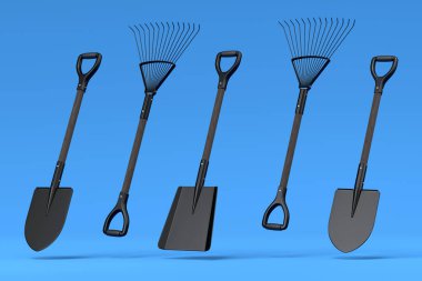 Bahçe küreği, dirgen ve tırmık mavi arka planda. Çiftlik ve yaz kampı için 3D bahçe aletleri ve ekipman.