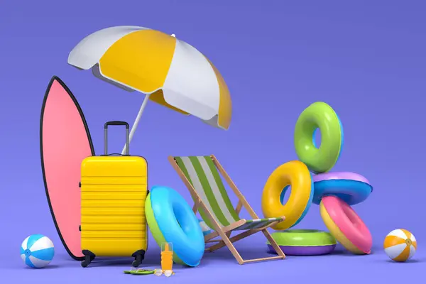 Kleurrijke Koffer Bagage Met Strandaccessoires Violette Achtergrond Weergave Van Zomervakantie — Stockfoto
