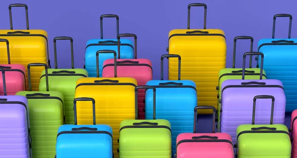 Bunte Koffer Oder Gepäckstücke Auf Violettem Hintergrund Darstellung Von Sommerferienkonzept — Stockfoto