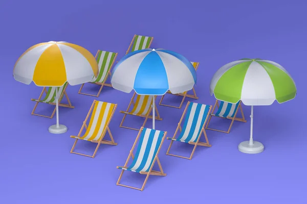 Silla Playa Con Paraguas Fila Sobre Fondo Violeta Representación Del —  Fotos de Stock