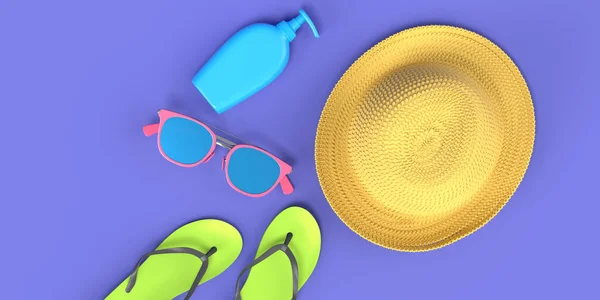 Coloridos Accesorios Playa Sobre Fondo Violeta Representación Del Concepto Vacaciones —  Fotos de Stock