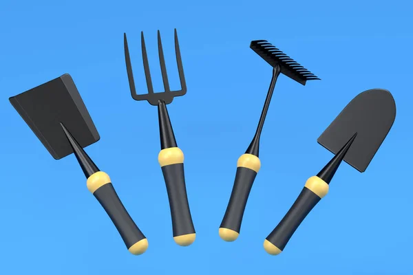 花园铲子 叉和耙蓝色背景 3D为农场 夏令营提供园艺工具和设备 — 图库照片