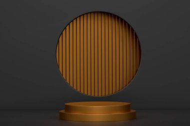 Siyah arka planda basamakları olan pastel altın silindir podyum. Ürün gösterimi için soyut gerçekçi geometrik kaide veya platformun 3 boyutlu canlandırması. En küçük sahne.
