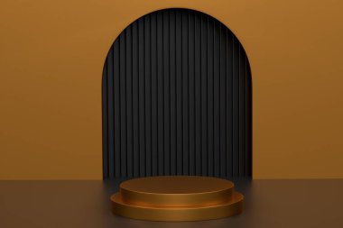 Siyah arka planda basamakları olan pastel altın silindir podyum. Ürün gösterimi için soyut gerçekçi geometrik kaide veya platformun 3 boyutlu canlandırması. En küçük sahne.