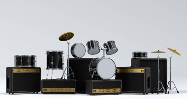 Elektrikli akustik gitarlar, amplifikatörler ve beyaz arka planda metal zilleri olan davullar. 3D müzik perküsyon enstrümanı, bateri makinesi ve heavy metal gitarlı bateri seti