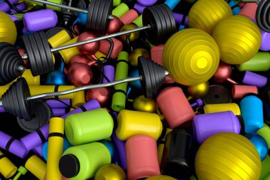 Spor sallayıcısı, su şişeleri, halter, kettlebell, fitness topu ve beyaz arka planda yoga minderi gibi spor malzemeleri yığını. 3D kaldırma, fitness ve beden eğitimi konsepti