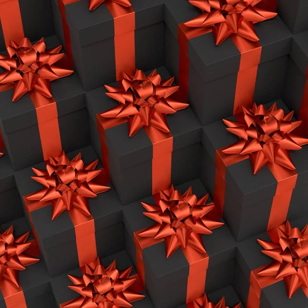 礼品盒上有彩带 弓箭飘扬 落在黑色背景上 三维渲染问候设计的概念生日 圣诞快乐 黑色星期五 — 图库照片