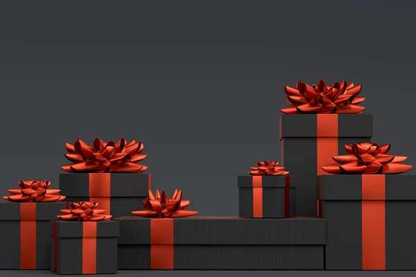 リボンと弓飛んで黒の背景に落ちるとギフトボックス 挨拶デザインの3Dレンダリングの概念誕生日 メリークリスマス ブラックフライデー — ストック写真