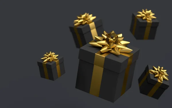 Gift Boxes Ribbon Bow Flying Falling Black Background Render Concept — Stock Photo, Image