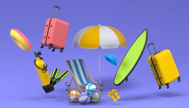 Plaj aksesuarları ve mor arka planda alışveriş arabası olan renkli bavullar. Yaz tatili konsepti ve tatillerinin 3 boyutlu canlandırması