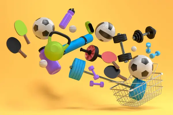フィットネス 黄色の背景にショッピングバスケットのクロスフィットのためのスポーツ機器 パワーリフティングとフィットネスコンセプトの3Dレンダリング — ストック写真