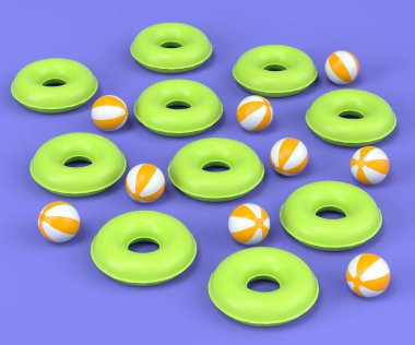 Renkli şişirilebilir halkalar ve mor arka planda toplar. Yaz tatili konsepti ve tatillerinin 3 boyutlu canlandırması