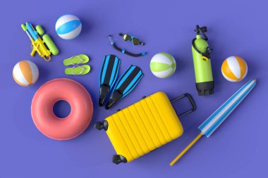 Renkli bavul ya da mor arka planda plaj aksesuarları olan bagaj. Yaz tatili konsepti ve tatillerinin 3 boyutlu canlandırması