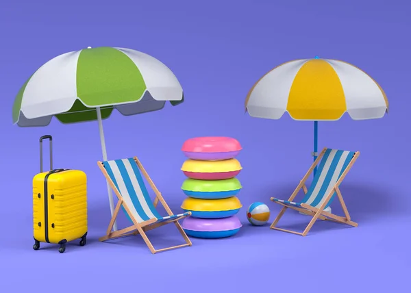 Colorida Maleta Equipaje Con Accesorios Playa Sobre Fondo Violeta Representación —  Fotos de Stock