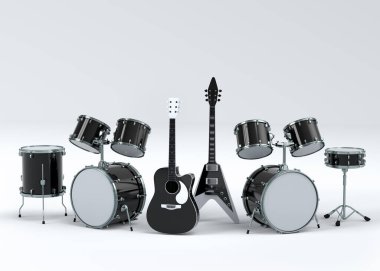 Elektrikli akustik gitarlar ve beyaz arka planda metal zilleri olan davullar. Rock festivali için üç boyutlu müzik enstrümanı, bateri ve heavy metal gitarın yorumcusu.