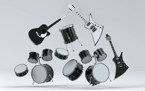 Sada Elektrických Akustických Kytar Bubnů Kovovými Činely Bílém Pozadí Provedení — Stock fotografie
