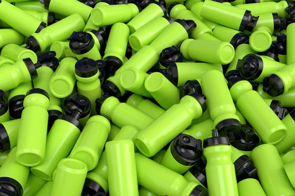 Pile of plastic sport shaker for protein drink powder on white background. 3d render of power lifting, fitness and gym concept