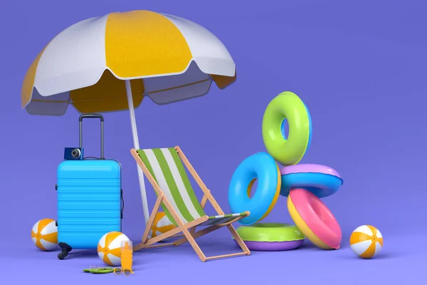 Colorida Maleta Equipaje Con Accesorios Playa Sobre Fondo Violeta Representación —  Fotos de Stock