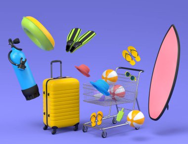 Plaj aksesuarları ve mor arka planda alışveriş arabası olan renkli bavullar. Yaz tatili konsepti ve tatillerinin 3 boyutlu canlandırması