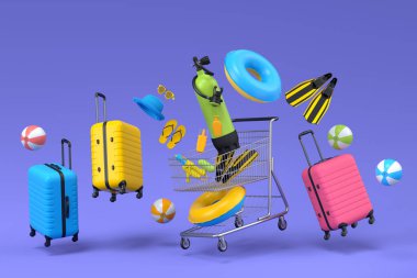 Plaj aksesuarları ve menekşe arka planda uçan alışveriş sepeti olan renkli bavullar. Yaz tatili konsepti ve tatillerinin 3 boyutlu canlandırması