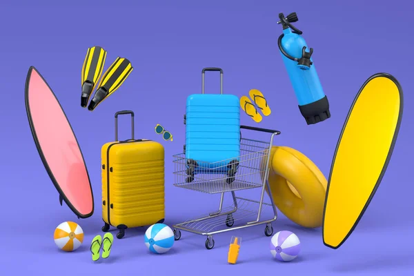 Kolorowy Bagaż Akcesoriami Plażowymi Wózkiem Fioletowym Tle Renderowanie Koncepcji Letnich — Zdjęcie stockowe