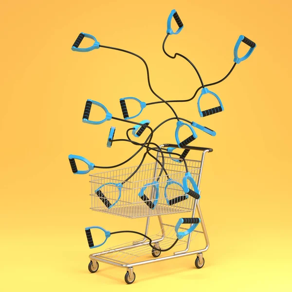 运动器材 如健身用的绳子或黄色背景购物车的交叉装束 3D渲染动力升降概念 — 图库照片