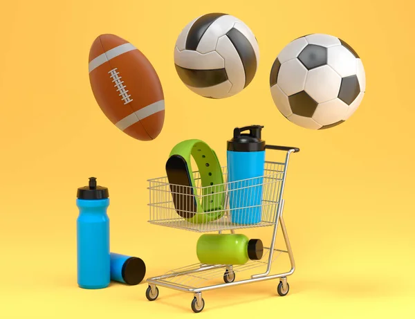Sport equipment for fitness, gym, crossfit in shopping cart on yellow background. 3d render of power lifting and fitness concept