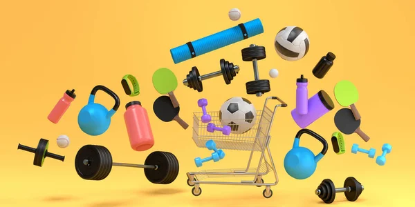 stock image Sport equipment for fitness, gym, crossfit in shopping cart on yellow background. 3d render of power lifting and fitness concept