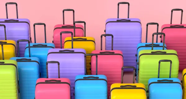 Colorful Suitcase Baggage Pink Background Render Summer Vacation Concept Holidays — Stock Photo, Image
