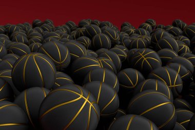 Birçok uçan siyah basketbol topu kırmızı zemine düşüyor. Takım oyunu, egzersiz ve yarışma için 3D spor aksesuarları hazırlamaName