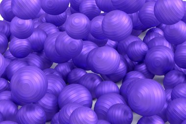 Birçok uçan menekşe fitness topu ya da fitball beyaz arka plana düşüyor. Pilates ve yoga için spor aksesuarları hazırlamak ya da yorgunluğu dindirmek ve rahatlatmak için egzersiz yapmak