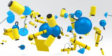 Spor sallayıcısı, su şişesi, kettlebell, fitness topu ve yoga maton beyaz arka plan gibi uçuş ve folling spor ekipmanları. 3D kaldırma, fitness ve beden eğitimi konsepti