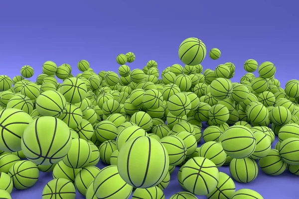 Many of flying green basketball ball falling on violet background. 3d render of sport accessories for team playing games, exercise and competition