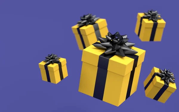 礼品盒上有彩带和蝴蝶结 飘扬在紫罗兰的背景上 三维渲染问候设计的概念生日 圣诞快乐 黑色星期五 — 图库照片