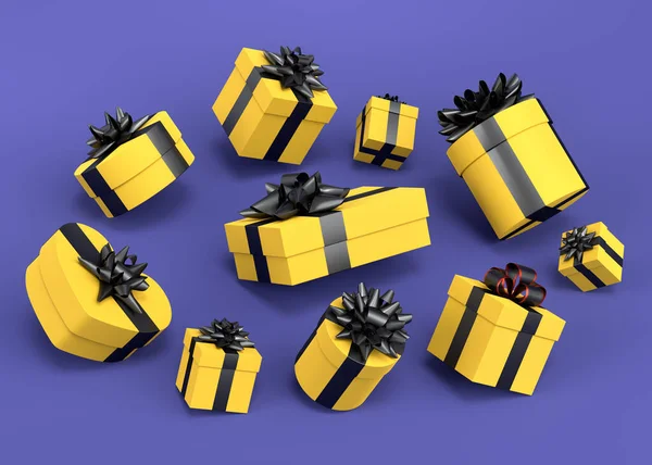 Geschenkschachteln Mit Schleife Und Schleife Fliegen Und Fallen Auf Violettem — Stockfoto