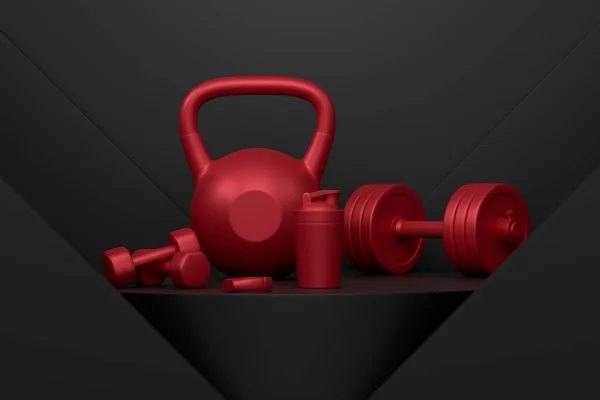 Sport equipment for fitness on podium or pedestal on monochrome background. 3d render of display product like gym equipment and accessories