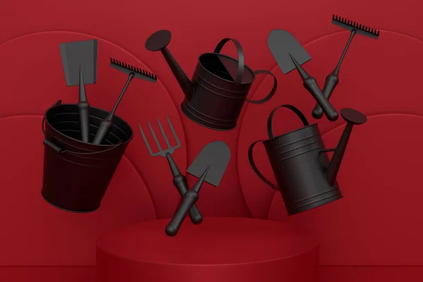 Garden equipment and supply on podium or pedestal on monochrome background. 3d render of display product like farm equipment and accessories