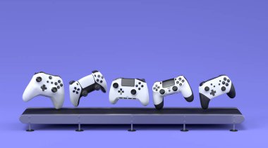 Oyun joystickleri ya da oyun koruyucuları menekşe arka planda fabrika hattında. 3D satış, indirim, alışveriş ve canlı yayın konsepti aksesuarları sunma kavramı üst görünüm