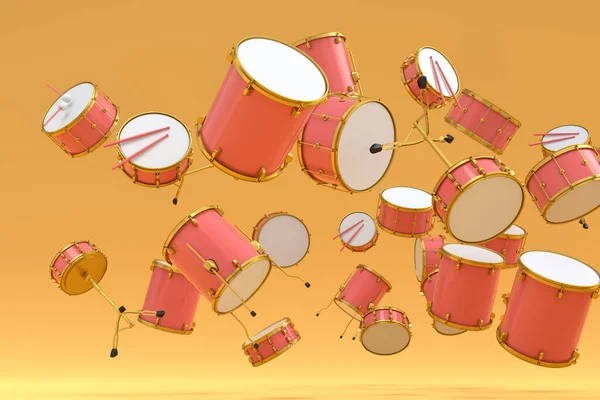 许多在黄色背景下飞行的鼓声 音乐打击乐器 鼓机和鼓机的三维渲染概念 — 图库照片