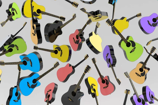 Many Flying Acoustic Guitars Isolated White Background Render Concept Rock — Stock Photo, Image