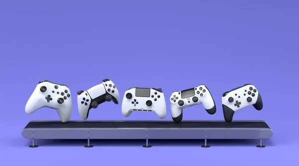Set of gamer joysticks or gamepads on factory line on violet background. 3d render concept of sale, discount, shopping and delivery of accessories for live streaming concept top view