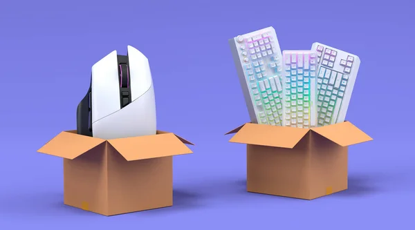 Set of gamer mouse and keyboard in cardboard box on violet background. 3d render concept of sale, discount, shopping and delivery of accessories for live streaming concept top view